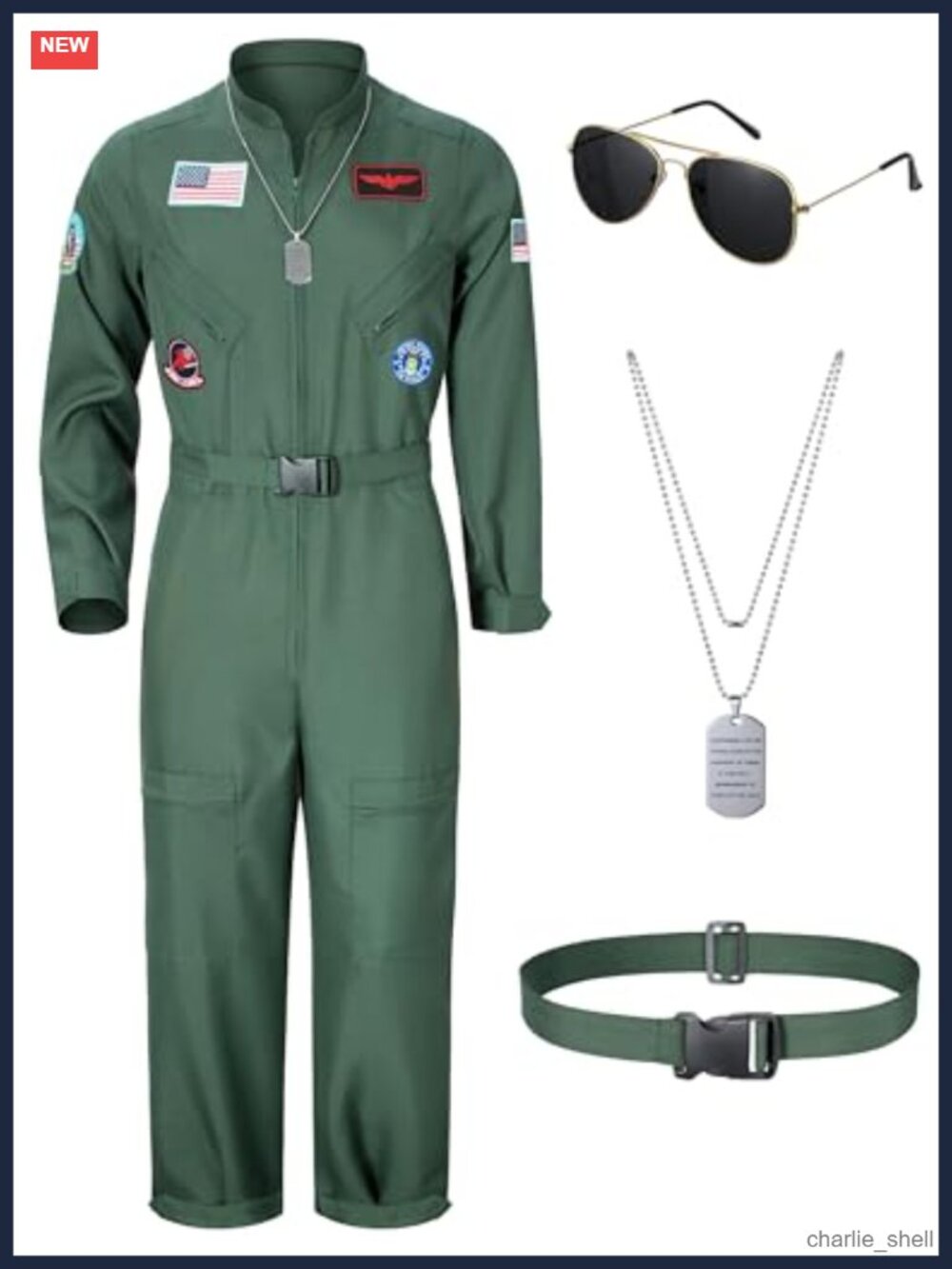 Men's Fighter Pilot Jumpsuit Cosplay Costume Set with Sunglasses Dog Tag Belt